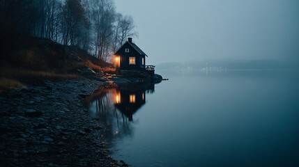 Obraz premium Misty Lakeside Cabin
