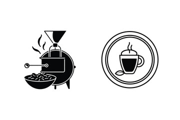 Coffee roasting machine and coffee cup icon displaying black and white vector illustration