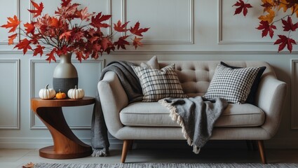 Autumn interior design featuring a vase of red oak leaves and branches on a contemporary curved wooden side table, paired with a linen midcentury sofa with checkered cushions and a throw blanket,