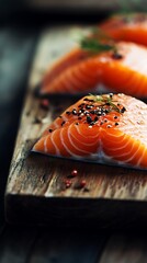 Fresh Salmon Fillets with Black Sesame and Herbs on Rustic Wooden Board