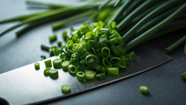 Detailed view of healthy chopped chives and vegetables on the table