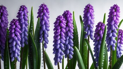 Fototapeta premium Closeup of vibrant grape hyacinth with water drops in a natural spring landscape