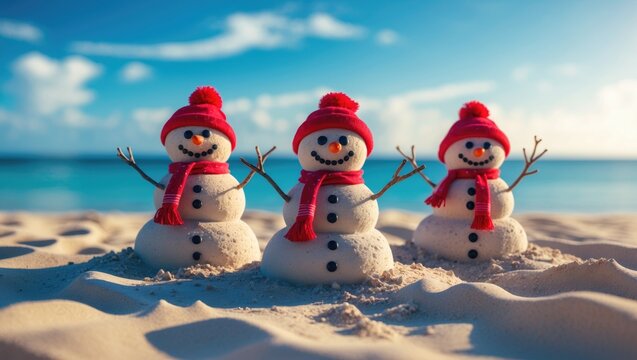 Christmas holiday at the beach with snowmen and sunny weather