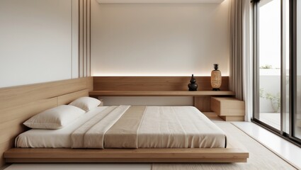 Elegant bedroom with a white wooden bed, peaceful ambiance, and contemporary style