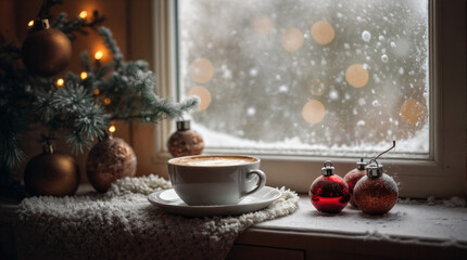 A cup of hot capuccino in the cozy room with outside the window is christmas vibe, snow drop