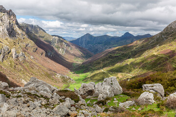 Rocks and landscape of the Saliencia Valley, Saliencia Lakes Route, Somiedo Natural Park, Asturias, Spain.