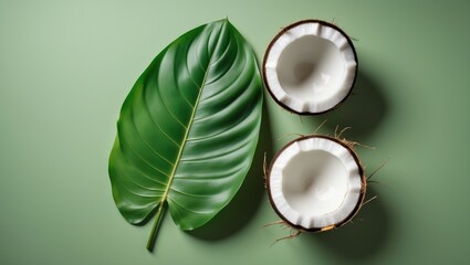 Flat lay of a cracked coconut and large green leaf on minimal background with space for design