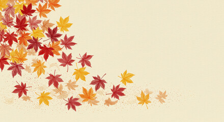 Falling autumn leaves in red, yellow, and orange on soft beige background
