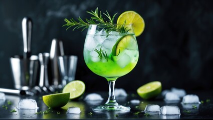 Cocktail drink of gin tonic made with dry gin, rosemary, tonic, lime, and ice cubes in a wine glass with a black bar counter backdrop.