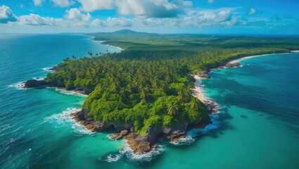Obraz premium Scenic view of the northern Puerto Rican coast from above, featuring green palm trees, rugged coastline, and vibrant blue waters under a bright sky