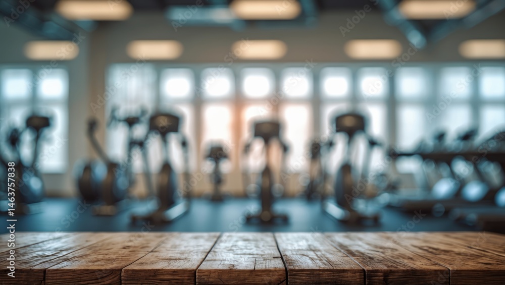 Poster emphasized view of an empty brown wooden table set against a blurred fitness gym background with bok