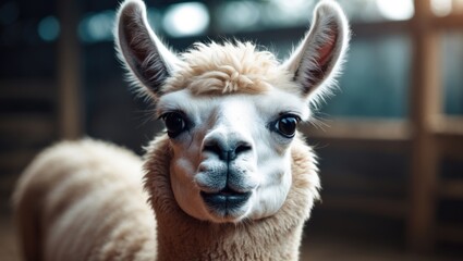Obraz premium Portrait of a friendly llama with fluffy wool and a bright background