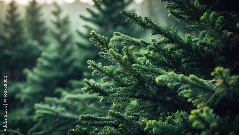 Poster close-up shot of fir tree branches showcasing fluffy texture. wallpaper concept.