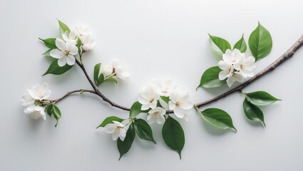Obraz premium Flowered branch isolated against background, perfect for copy space, top view flat lay