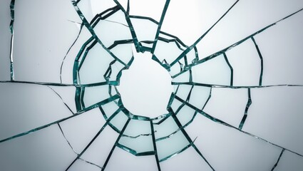 Obraz premium Cracked glass fragment with hole against white backdrop