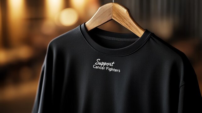Black t-shirt with "Support Cancer Fighters" message on it, hanging on wooden hanger.