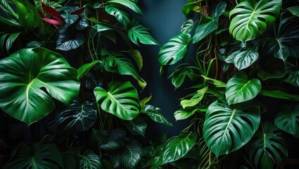 Beautiful green wall of philodendron in a jungle-themed garden