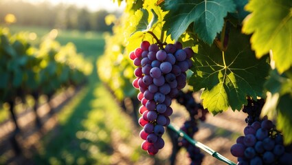 Fototapeta premium Autumn vineyard scene with ripe wine grapes ready for harvesting in Tuscany and California