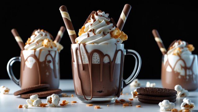 Creamy chocolate shake topped with whipped cream, cookies, and waffles in a mason jar on a black background, ideal for holiday or party themes.