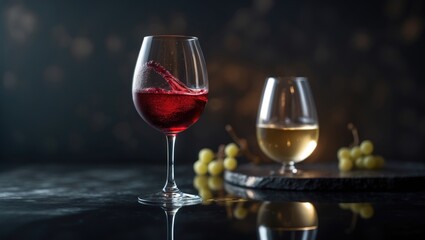 Elegant wine display with red and white glasses on dark background, showcasing a menu card and beverage options