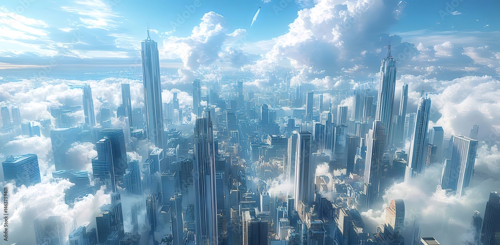 Poster 雲の海にそびえ立つ未来的な都市景観と青空の背景に高層ビル群が並び、現代的な建築物が特徴的