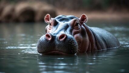 Fototapeta premium Animal expression of hippopotamus in water within jungle setting