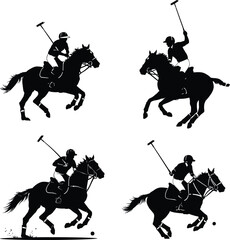 silhouette set of polo player. sport, horse, competition. different action, pose. vector illustration.