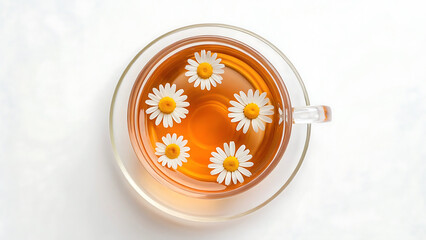 Heal wellness cup of chamomile tea with floating flowers promotes wellness and helps heal body naturally with calm warmth