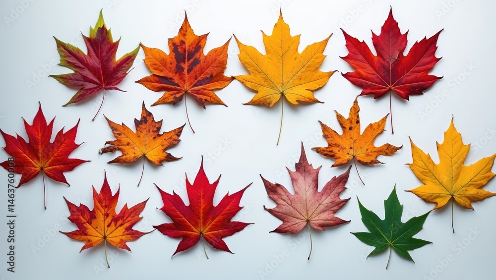 Poster set of vibrant fall leaves isolated on white background with focus stacking and clipping path
