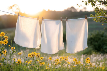 Fresh White Linens Drying on Clothesline in a Sunlit Meadow at Sunrise