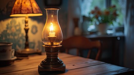 An old fashioned glass lamp on a wood table casts a warm light like a burning candle in the dark night