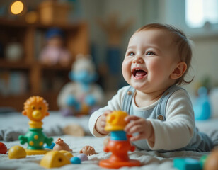 A baby laughing while playing with toys