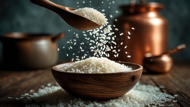 Rice grains dropping into bowl