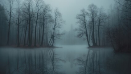 Naklejka premium Mystical woodland scene with foggy atmosphere and reflections