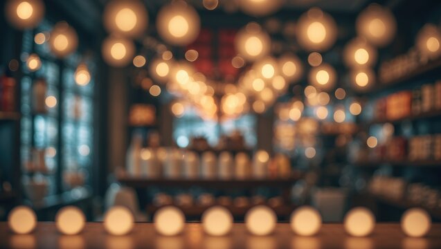 Elegant sushi restaurant interior featuring blurred lighting and chandeliers in a luxurious setting