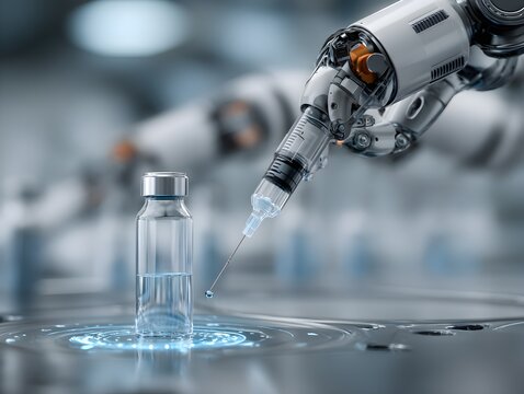A robotic arm precisely fills a vial with medication using a sye in a futuristic sterile laboratory setting.