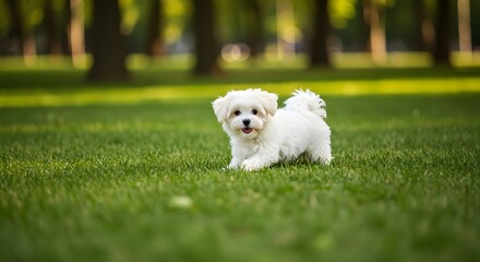 White Maltese Puppy on Green Grass