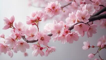 Isolated cherry blossom tree with blooming pink flowers in a wide view