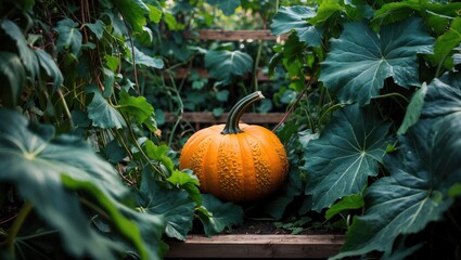 Obraz premium Garden scene featuring a ripe orange pumpkin with stem on a vine