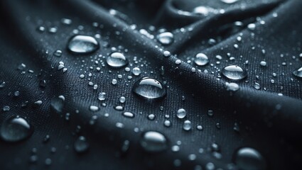 Raindrops on fabric with waterproof coating, viewed from above