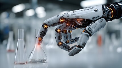 A robotic hand precisely manipulates a glass flask in a futuristic sterile laboratory setting showcasing advanced automation in scientific research.
