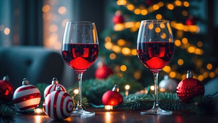 Christmas-themed setting featuring a red wine glass and seasonal ornaments for holiday cheer