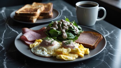 Comprehensive American Breakfast including Eggs, Breakfast Meats, Potatoes, Pancakes, Toast, and Coffee