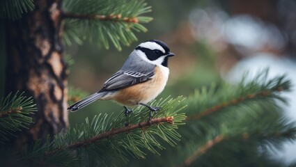 Perched Mountain Chickadee on a tall pine tree in peaceful woods