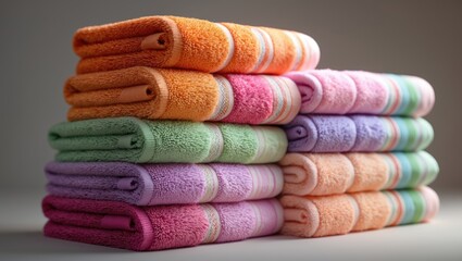 Colorful fluffy towels arranged in a stack with detailed close-up
