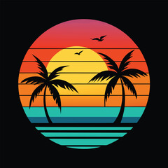 Tropical summer sunset over the ocean with palm tree silhouettes on the beach