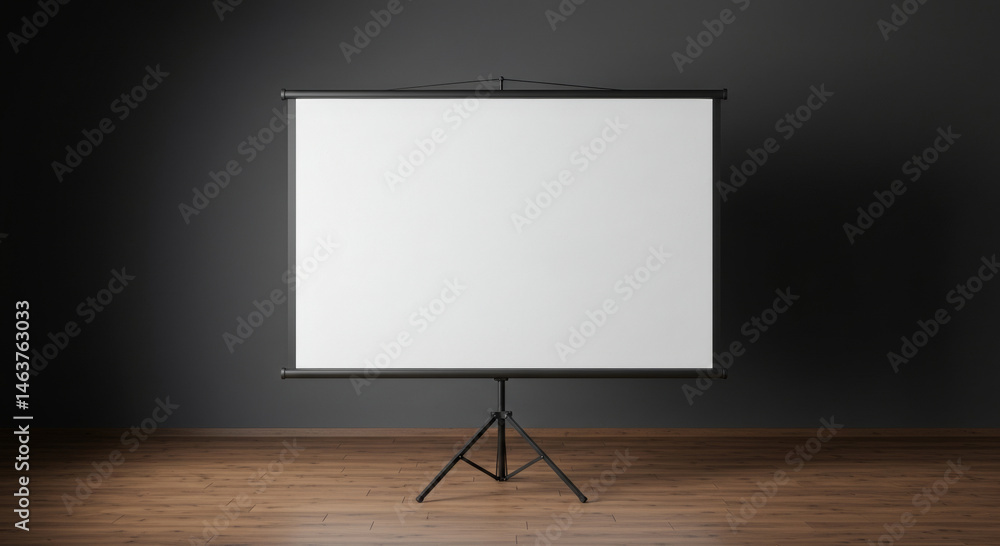 Aufkleber empty presentation screen on tripod stand in dark room. blank white projection screen on a tripod in