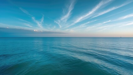 Tranquil ocean scene at dusk featuring sky, sea, and horizon in harmony