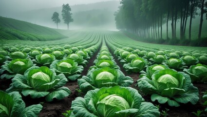 A vibrant organic cabbage field on rolling countryside hills, featuring orderly rows of fresh green cabbage leaves