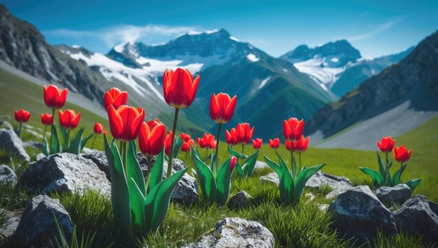 Colorful red tulips thriving in mountain spring environment with snow-capped peaks and blue sky, scenic outdoor travel setting